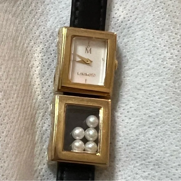 Vintage MIKIMOTO 5P Pearl Double Tour Wrap Bracelet Watch Black Leather Band - Picture 2 of 11